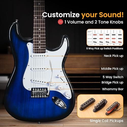 Pyle Electric Guitar and Amp Kit - Full Size 39" Complete Starter Kit with Wearable Bluetooth Amplifier, 1/4” Cable, Carry Case, Strap, Strings, Picks, Cleaning Cloth, ST-Style Pickups (Blue Burst) thumbnail 5