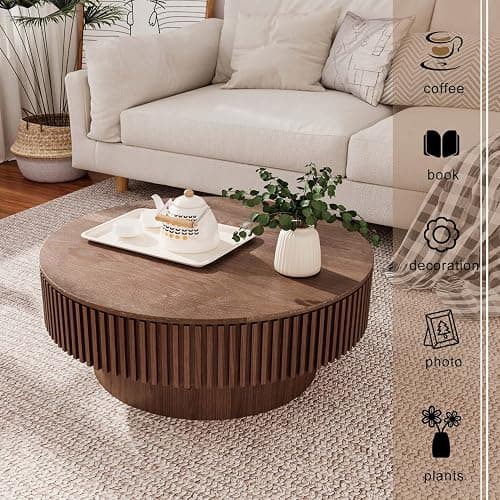 Round Coffee Table with Storage, Modern Wooden Coffee Table with Solid Wood Veneered, Circle Center Table Accent Tea Table for Living Room Apartment Small Space (31.5''L × 31.5''W × 14''H, Walnut) thumbnail 5