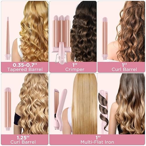 5 in 1 Wand Curling Iron-Curling Wand Set with Hair Straightener, 3 Barrels Hair Crimper Iron, 3 Ceramic Curling Irons (0.35 "-1.25"), 2 Temps Fast Heat Hair Curler Waver with Glove & Clip-Light Pink thumbnail 3