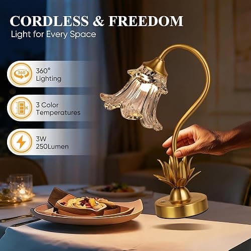 Cordless Flower Table Lamp with Glass Lampshade, 5200mAh Rechargeable Battery, 3-Color Dimmable Touch Control, Portable Desk Lamp for Nightstand, Patio, Camping, Restaurant & Home, Transparent thumbnail 5