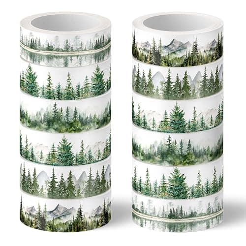 Whaline 12 Rolls Forest Washi Tape Greenery Washi Tape 6 Designs Assorted Nature Green Tree Masking Decorative Tape for Scrapbook Journal DIY Art Craft Gift Wrapping Supplies - Image 1