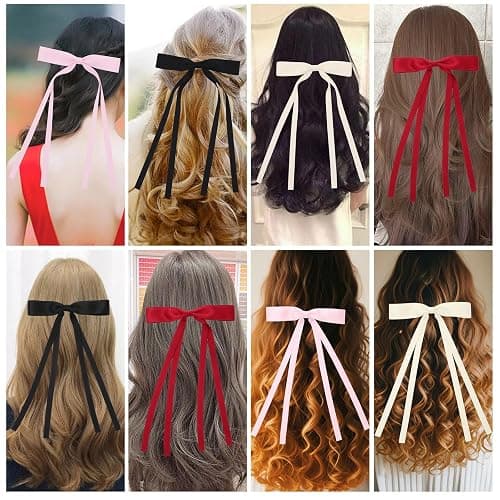 Hair Bows for Women,Ribbon Hair Bows With Long Tail,Hair bow clips Hair Barrettes for Women Accessories (Black, Beige, Pink, Red) thumbnail 4