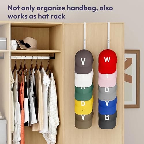 SWTYMIKI Over the Door Purse Organizer - 2 Packs Wall Mounted Purse Rack with 5 Hooks Design, Hanging Handbag Organizer Storage Holds up to 10 Bags, Bag Rack for Closet, Door (White) thumbnail 7
