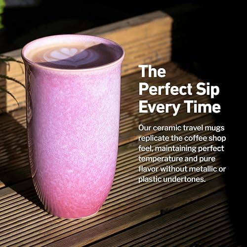 NOVA CERAMICS Coffee Travel Mug – Cup Holder Friendly Travel Mug– Microwave & Dishwasher Safe White & Purple Tumbler - Coffee Mug Fits In Cup Holder – 16oz – Astral Bloom thumbnail 4