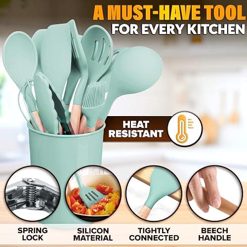 12 Pcs Kitchen Accessories Set with Holder, Silicone Heads (Light Green) | Kitchen Utensils Set for Cooking and Baking; Wooden Handles; Heat-Resistant up to 446°F; Non-Scratch for Nonstick Pans thumbnail 3