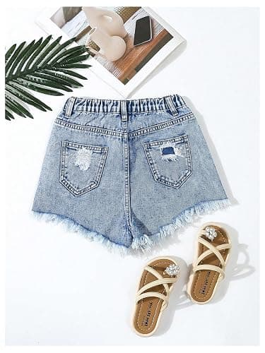 Floerns Girl's Ripped Raw Hem Elastic Waist Straight Leg Denim Shorts with Pockets thumbnail 2