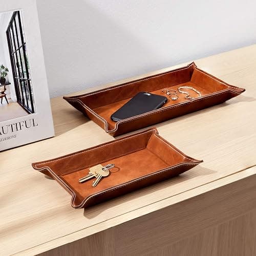 Navaris Faux Leather Valet Tray Set of 2 - Catch All Tray for Key Entryway Table Nightstand - Catchall for Keys Watch Remote Phone - Valet Storage for Men - Mens Storage Dish thumbnail 2