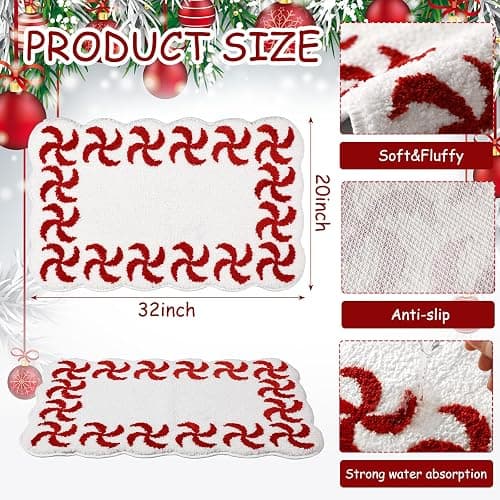 WILLBOND Christmas Candy Bathroom Rug Non Slip Bath Mat 32x20 Inch | Red and White, Peppermint Swirl Scalloped Edge, Soft Absorbent Flocking, Xmas Bathroom Kitchen Bedroom Front Door thumbnail 2
