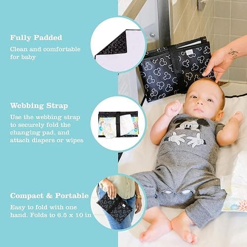 J.L. Childress Disney Baby Full Body Portable Changing Pad, Mickey Mouse | X-large 30"x19" padded & portable diaper changing mat is water-resistant, wipeable & folds compact to fit in baby diaper bag thumbnail 3