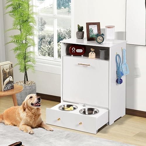 TITIMO Pet Feeder Station,Dog Food Storage Cabinet Container with 2 Pull Out Dog Elevated Bowls and Hanger,Pet Toy Storage Organizer,Feeding & Watering Pet Supplies (White) thumbnail 2