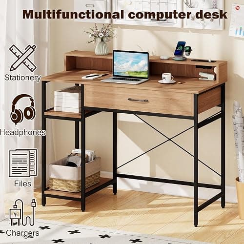 SFAREST Computer Desk, Industrial Laptop Writing Desk with Monitor Stand, Drawers & Storage Shelves, Wooden PC Study Work Table for Bedroom Study Office(Natural,106 x 48 x 90cm) thumbnail 7