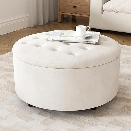 YUUIJOAA 30 Inch Round Storage Ottoman,Modern Tufted Ottomans,Circular Coffee Table with Removable Top,Upholstered Large Ottoman with Storage Footrest Stool for Bedroom Living Room (White) - White - Image 1