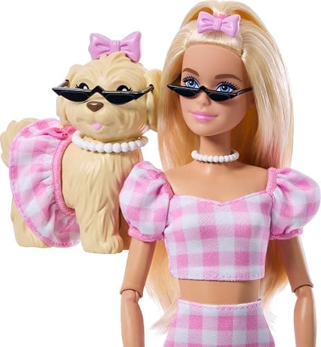 Barbie Twinning Looks Doll with Pet Dog in Matching Pink Gingham Clothes and Accessories for Both Like Sunglasses, Necklaces and Bows, Blonde thumbnail 3
