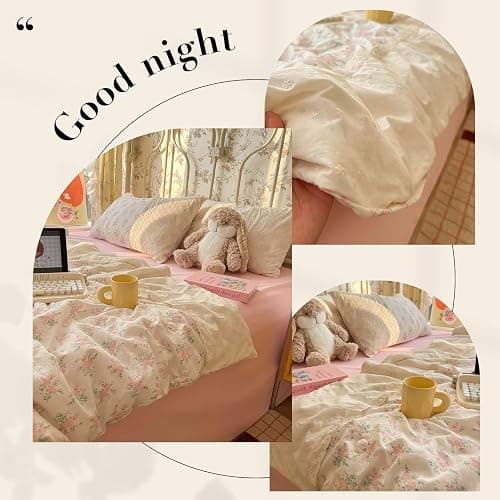mixinni Vintage Floral Duvet Cover Set - 3 Piece King Size Pink Cottagecore Bedding with Lace Trim, Shabby Chic Bedding Set, Includes 1 Duvet Cover & 2 Pillowcases, Boho Aesthetic for Girls & Dorms thumbnail 4