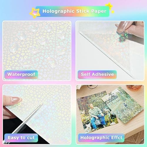 WESTICK Stars Holographic Laminate Sticker Paper Self Adhesive Holographic Clear Contact Paper Waterproof Iridescent Protective Laminating Film for Sticker Papers Cards Cups Crafts Decor 12"x80" thumbnail 3