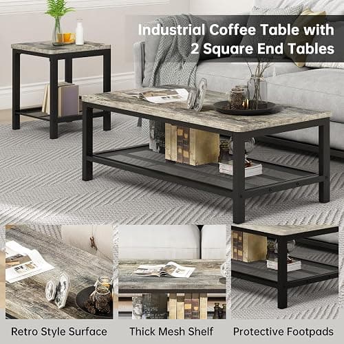AWQM Coffee Table Set of 3, Industrial Coffee Table with 2 Square End Side Tables, Modern Living Room Table Set with Metal Frame for Apartment Home Office, Grey thumbnail 6