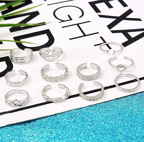 Honsny 12PCS 14K Gold/Silver Plated Toe Rings for Women Adjustable Band Rings Open Flower CZ Toe Ring Set Beach Foot Jewelry thumbnail 6