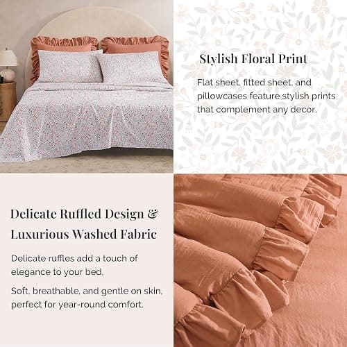BLOOMHAVEN Queen Comforter Set - 7 Pieces Ruffle Autumn Leaf Bedding Sets, Shabby Chic Farmhouse Bed in a Bag Queen with Ruffle Comforter, Floral Sheets, Pillowcases & Shams thumbnail 8
