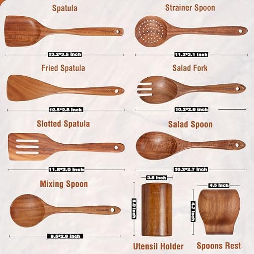 Mooues 9 Piece Natural Teak Wooden Kitchen Utensil Set with Spoon Rest - Comfort Grip Cooking Spoons and Utensils Holder thumbnail 2