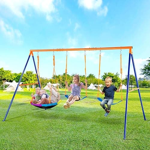 VEVOR Swing Sets for Backyard, with 1 Saucer Swing Seat, 2 Belt Swing Seats, 600lbs Load Capacity Swing Set, Heavy Duty A-Frame Metal Swing Stand and Adjustable Rope, Swingset Outdoor for Kids thumbnail 2