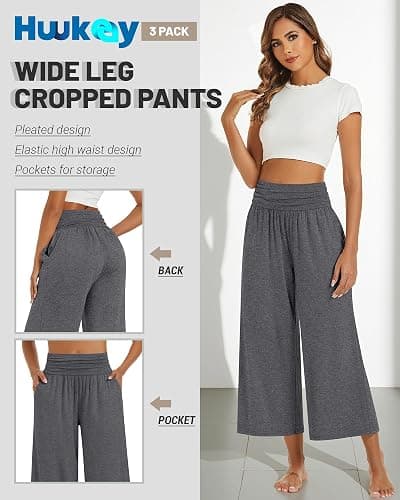 Huukeay 3 Pack Wide Leg Cropped Pants for Women, High Waist Lounge Yoga Pants Loose Casual Palazzo Capri Trouser with Pockets thumbnail 3