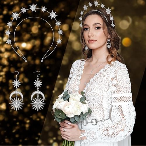 Glenmal 6 Pcs Halloween Crown Moon Star Headband Celestial Earrings Belt Jewelry for Wedding Moon Goddess Costume Accessories thumbnail 6