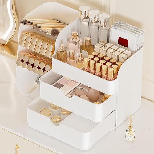 FYABREEK Makeup Organizer with 2 M Drawers & Brush Holders - Cosmetic Storage Case for Vanity, Bathroom Countertop & Desk - Skincare & Office Supplies Organizer (All White, M) thumbnail 5