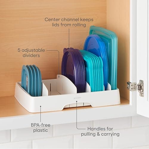 YouCopia StoraLid Food Container Lid Organizer for Kitchen Cabinet Storage with 5 Adjustable Dividers, 10.5''D × 13.4''W × 3.3''H, Large Classic Edition, White thumbnail 3