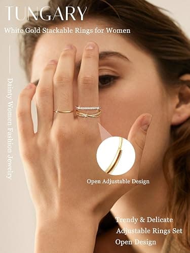Tungary Adjustable Stackable Rings for Women Non Tarnish CZ Ring Set | 9 Pcs Open Ring Set, Hypoallergenic, Waterproof, Statement Thumb Knuckle Pinky Rings, Promise Wedding Ring, Gold/Silver Rings thumbnail 2