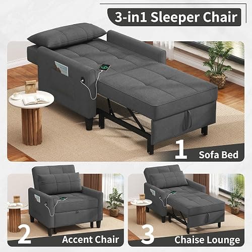 DURASPACE Sleeper Chair Bed with USB Ports, Side Pockets, 3-in-1 Convertible Futon Chair, Adjustable Backrest Recliner Pull Out Bed for Living Room, Bedroom, Small Spaces (Dark Gray) thumbnail 4