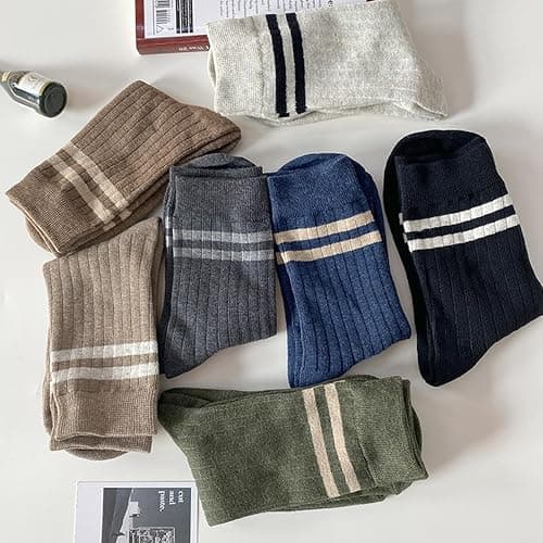 TeenFighter 7 Pair Pack Men's Retro Double Bar Cotton Socks - Vintage Design Crew Socks with Breathable Soft Fabric for Casual & Athletic Wear thumbnail 7