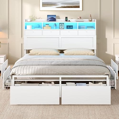 AOGLLATI Full Size Bed Frame with Storage Headboard and 6 Drawers, Wood Full Size Bed Frame with 4 Fabric Drawers and Hidden Storage, Charging Station and LED Lights, No Box Spring Needed, White - Image 1