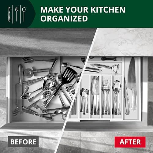 ROYAL CRAFT WOOD Luxury Bamboo Kitchen Drawer Organizer - Silverware Organizer - Utensil Holder and Cutlery Tray with Grooved Drawer Dividers for Flatware and Kitchen Utensils (9 Slot, White) thumbnail 5