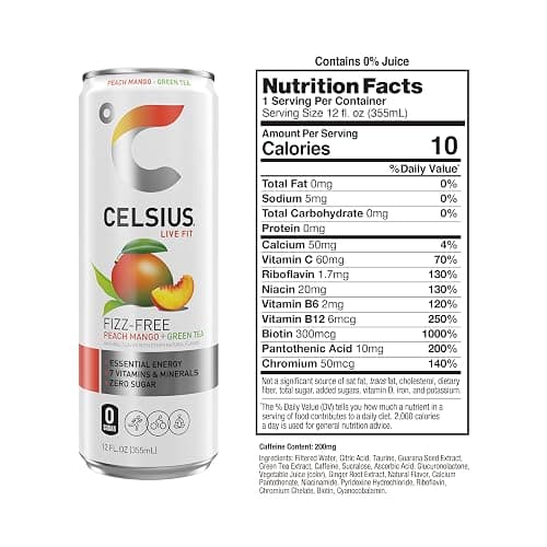CELSIUS Peach Mango Green Tea, Functional Essential Energy Drink 12 Fl Oz (Pack of 12) thumbnail 2