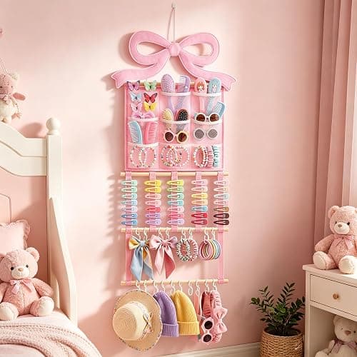 Ohmique Bow Organizer for Girls - Pink Bow Holder for Girls Hair Bows, Hair Clip Organizer Headband Storage Hanger Girl Headband Display Wall Mounted Accessories for Nursery Bedroom Girl Room thumbnail 6