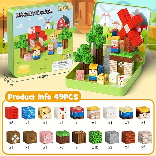 49 Pcs Farm Animals Magnetic Building Blocks Set for Toddlers 3-5, Travel Toys with Iron Storage Box, Magnetic Tiles & Cubes for Kids Ages 4-8, STEM Learning, Portable Play Base for Car Plane Trips thumbnail 7