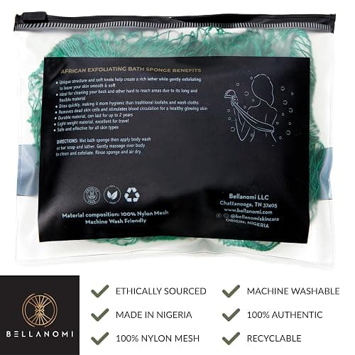 Bellanomi African Exfoliating Net Sponge, Authentic, Ethically sourced from Nigeria, 45 inches Long, Back Scrubber for Daily use (Emerald Green) thumbnail 3