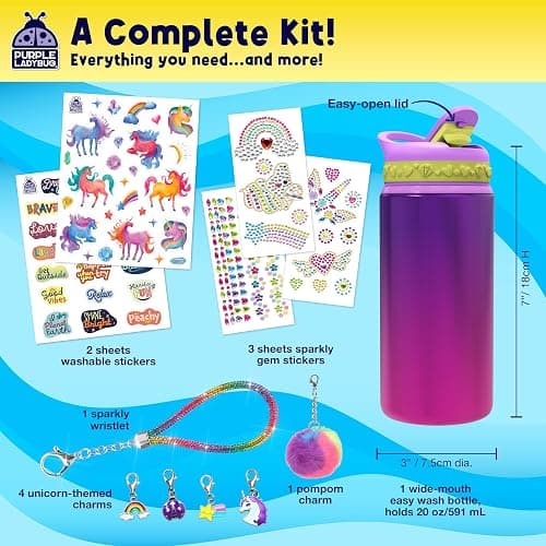 PURPLE LADYBUG Decorate Your Own Water Bottle Craft Kits for Kids - 6 Year Old Girl Gifts, Girls Birthday Presents, Arts and Crafts for Kids Ages 5-12, Unicorn Gifts for Girls - Gemstone - Purple thumbnail 2