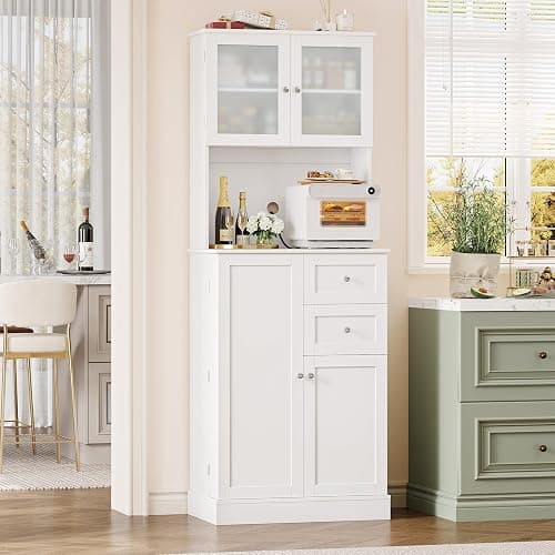 BOTLOG 72" Tall Kitchen Pantry Storage Cabinet with 4-Tier Door Shelves | Kitchen Hutch Cabinet with 2 Drawers, Frosted Glass Door for Dining Room, Modern White, Space-saving, apartment, small room thumbnail 5
