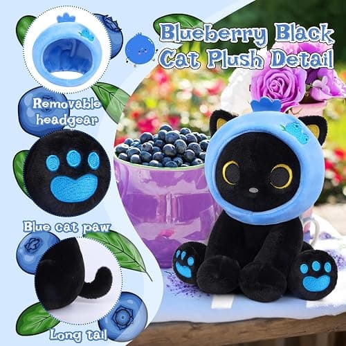 Hagusahuo Black Cat Plush,8inch Blueberry Cat Stuffed Animals for Kids Cartoon Cats Plush, Cute Kitten Stuffy Gift for Kids Girl Boys Toddler Birthday thumbnail 3