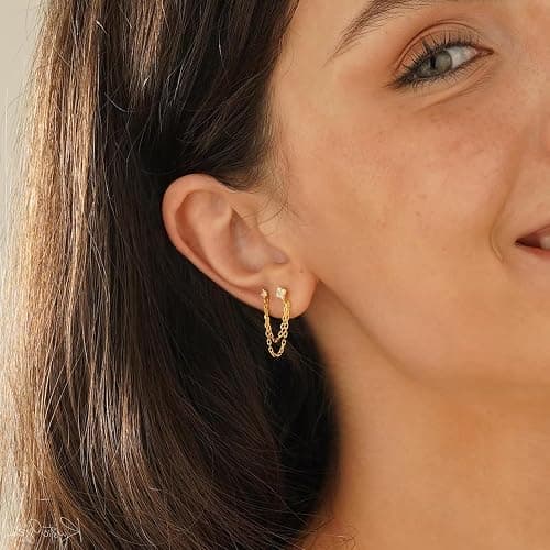 Frodete Double Piercing Earrings Gold Chain for Women Elegant Double Hoop Jewelry Set for Two Holes Everyday Wear Double-Piercing Chains Earring Set thumbnail 5