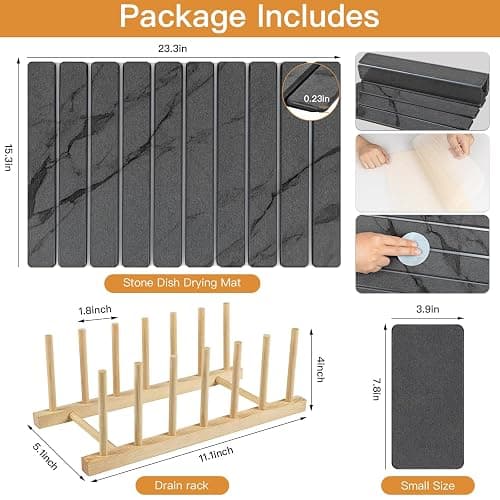 Stone Dish Drying Mat for Kitchen - Diatomaceous Earth Drying Mats | Grey Color, Quick Dry Counter Mats, Foldable Design, Super Absorbent, (24"×16"/ 8"x4" / 1 Drain Rack) , for Dishes Cups thumbnail 2