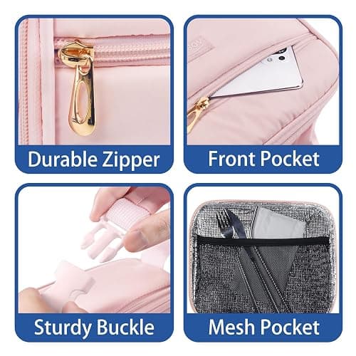 Aosbos Puffer Lunch Bag for Women Lunch Box Insulated Lunch Bags Mini Cooler Bag Lunch Kit Adult Reusable Snack Bag Kids Boite a Lunch Enfant for Work Picnic Outdoor (Pink) | 5L Capacity,5H Cold Insulation,Easy Clean Lining, Dual Metal Zippers,Water-Resistant thumbnail 7