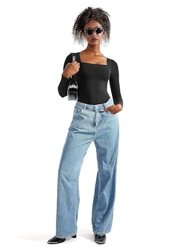 SUUKSESS Women Square Neck Long Sleeve Bodysuit Sexy Thong Bodysuit Shirts thumbnail 4