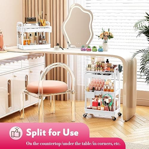 SUNALLY Makeup Cart Organizer with Drawers, Floor Skincare Organizers Vanity Storage Organizer, Rolling Makeup Bathroom Storage Cart Cosmetics Display Cases for Skin Care Perfume Nail Polish, White thumbnail 7