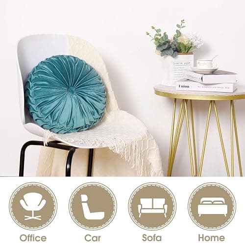 HIG Set of 2 Teal Ruched Velvet Round Throw Pillows – 14.5’’ Decorative Pillows with Soft Polyester Filling for Couch, Bed, Living Room, Bedroom, or Dorm – Handmade, Stress Relieving, All-Season thumbnail 5