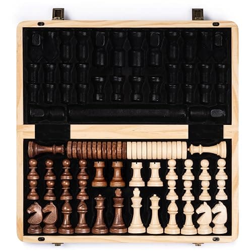 A&A 15" Magnetic Wooden Chess & Checkers Set/Folding Board / 3" King Height German Knight Staunton Chess Pieces/Walnut & Maple Inlaid /2 Extra Queen thumbnail 2
