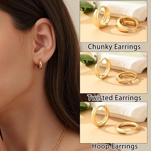 9 Pairs Small Gold/Silver Hoop Huggie Earrings Set for Women, 14K Gold Plated Chunky Hoop Small Earring Hypoallergenic Thick Open Lightweight Chunky Hoop Earrings Jewelry for Gifts thumbnail 6