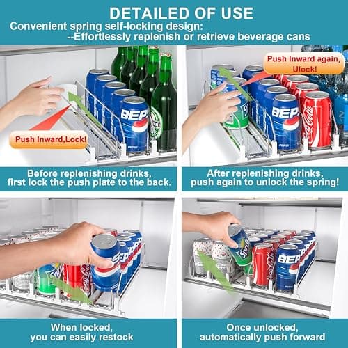 KUUKIKV Upgraded Drink Organizer for Fridge, Space-Saving Fridge Drink Organizer, Automatic Pusher Glide and Adjustable Width Drink Dispenser for Fridge - Holds Up to 25 Cans (5 Rows White) thumbnail 7