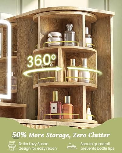 47" Makeup Vanity Desk with LED light and HD mirror, Walnut vanity table | 360 Rotating Storage Shelf, 28" Custom Divider Drawer, Built-in Power Hub,Ideal Gift for daughter and yourself in bedroom thumbnail 3